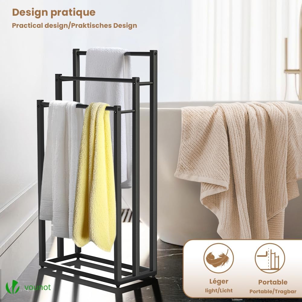 VOUNOT - porte-serviettes 3 niveaux métal, noir, stable et compact
