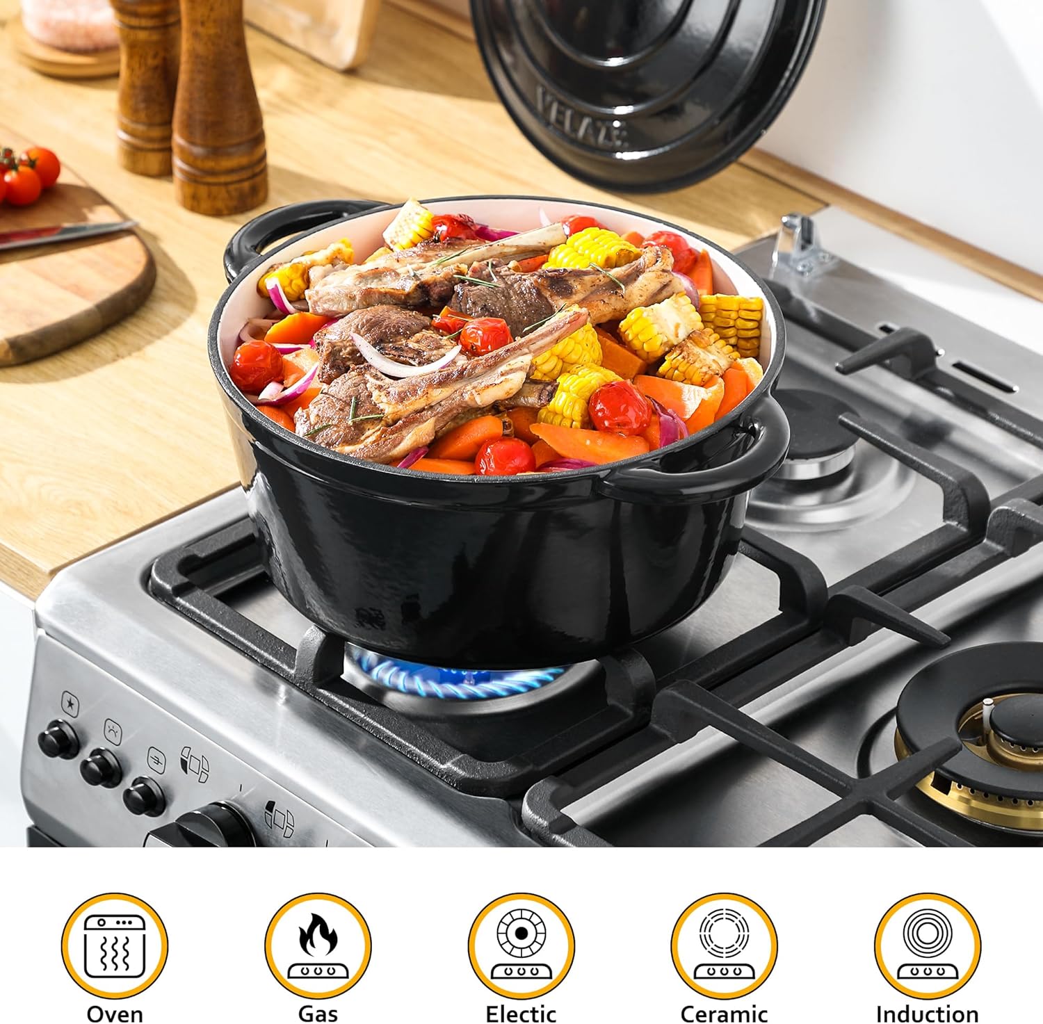 Velaze - Gusseisen Topf 29cm - 6,5L - Emaille, mit Deckel, alle Herdarten