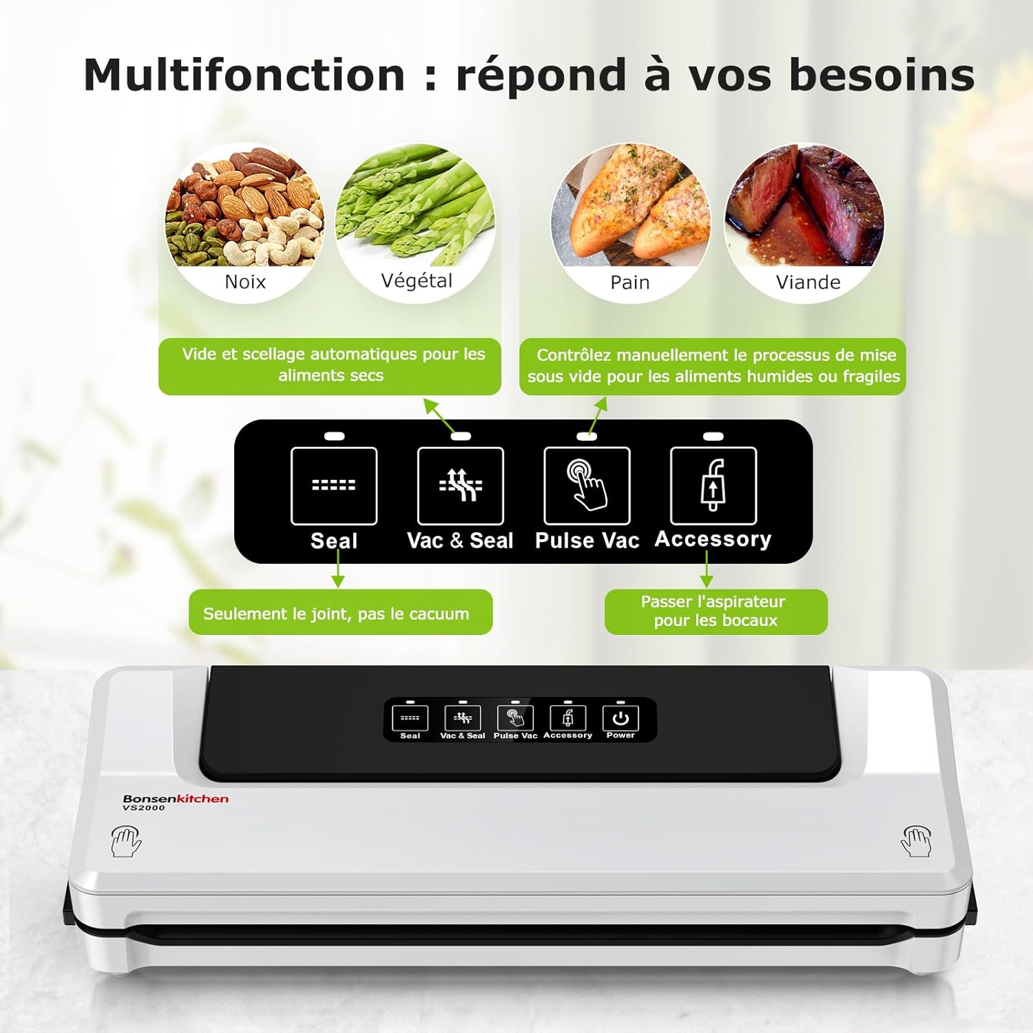 Bonsenkitchen - machine sous vide alimentaire - compacte - cuisson et conservation, 5 sacs inclus