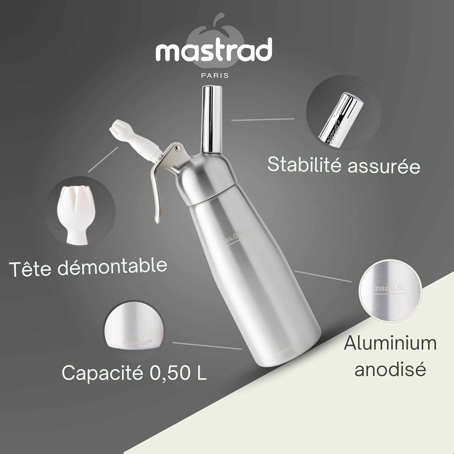 Mastrad - siphon aluminium 0,5L - piston inox, 3 douilles, brosse