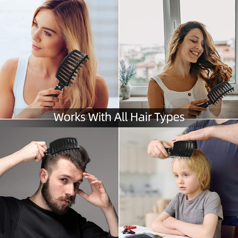 URAQT - Brosse à cheveux incurvée - poils de sanglier, séchage rapide, massage, démêlante - noire