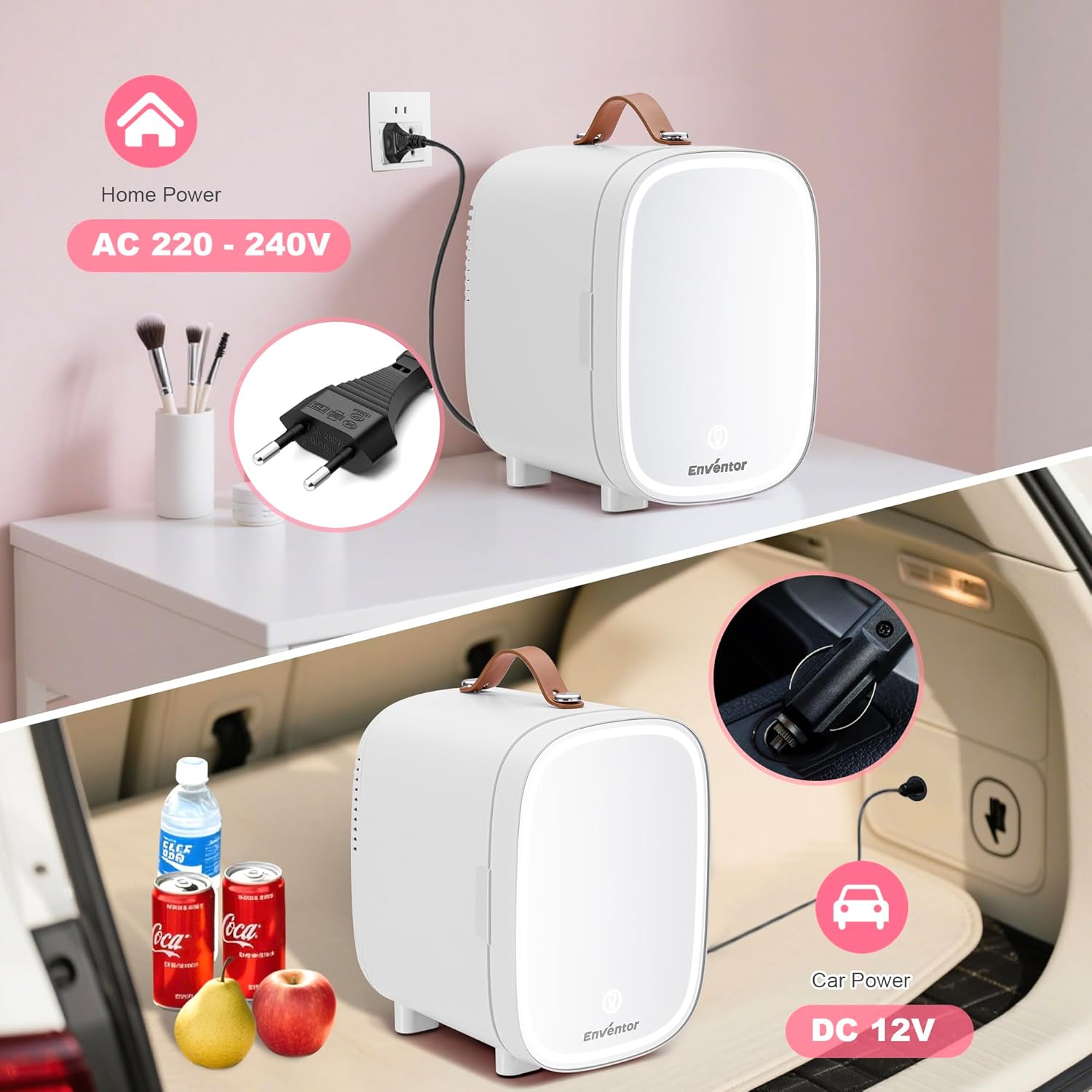 Enventor - Mini Frigo 4L - miroir LED, 6 canettes, CA/12V, blanc