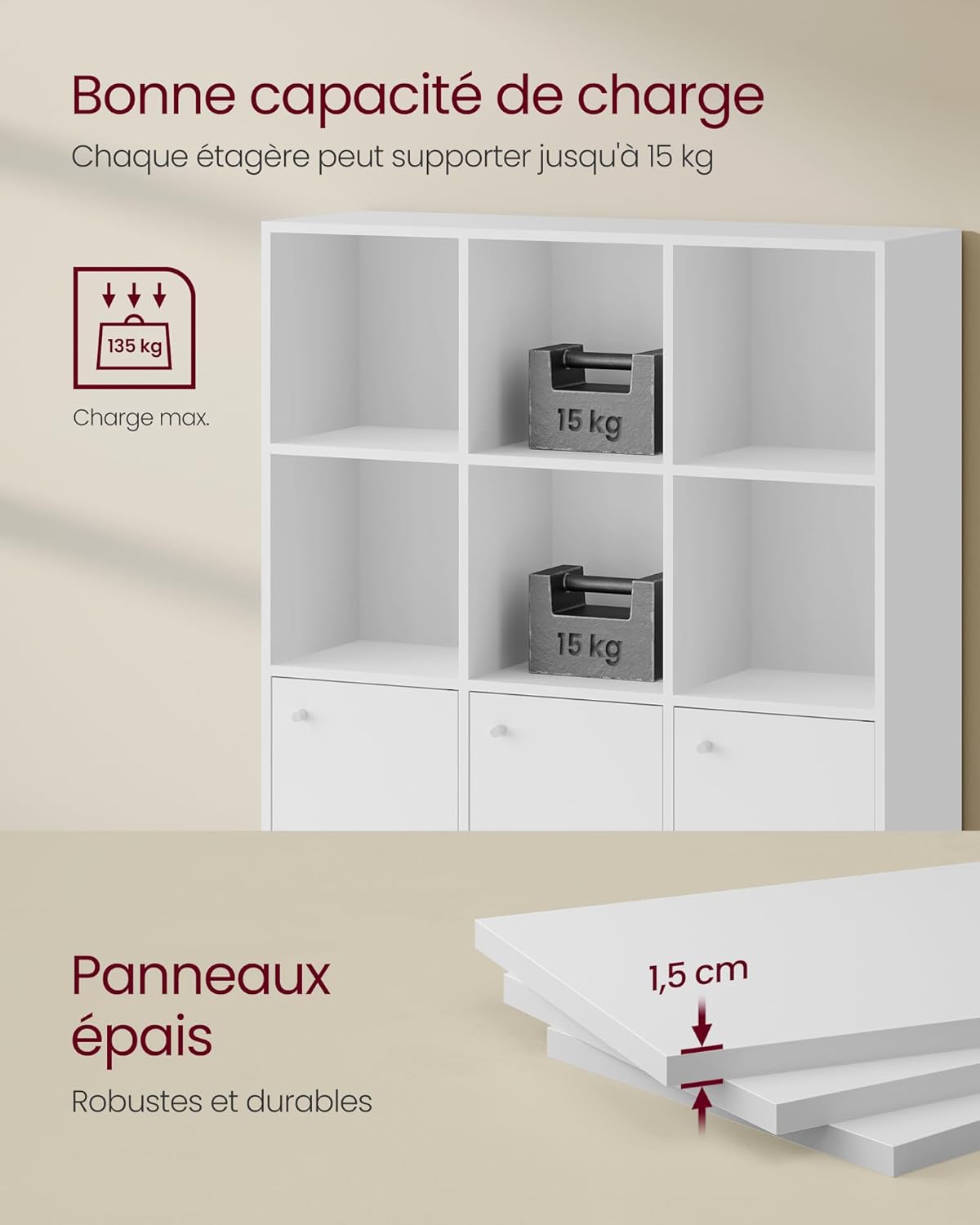 VASAGLE - bibliothèque 3 niveaux, 3 placards, 29x97,5x97,5cm LBC33WT