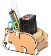 JSVER Pot à Crayons Bois, Porte Crayon Bureau Corgi Organisateur Bois de Bureau Enfant Organisate...