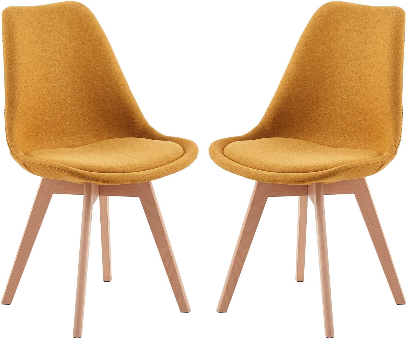 EGGREE - Lot de 2 chaises scandinaves tissu lin jaune, bois hêtre, rembourrées