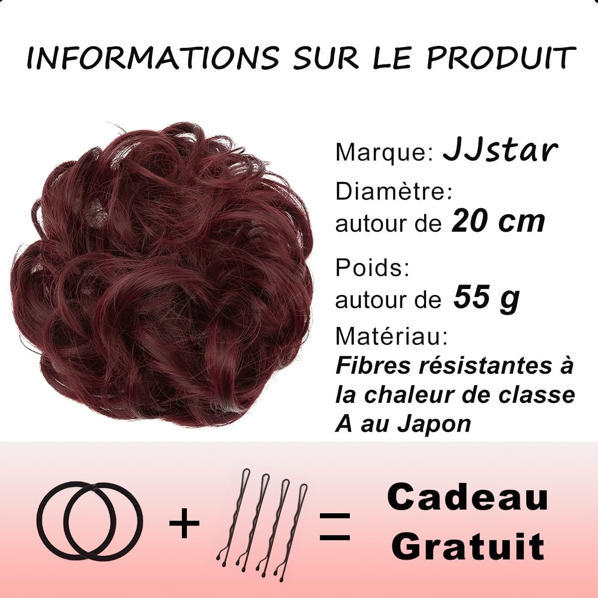 JJstar - Chignon postiche bouclé, élastique, vin rouge, cheveux naturels