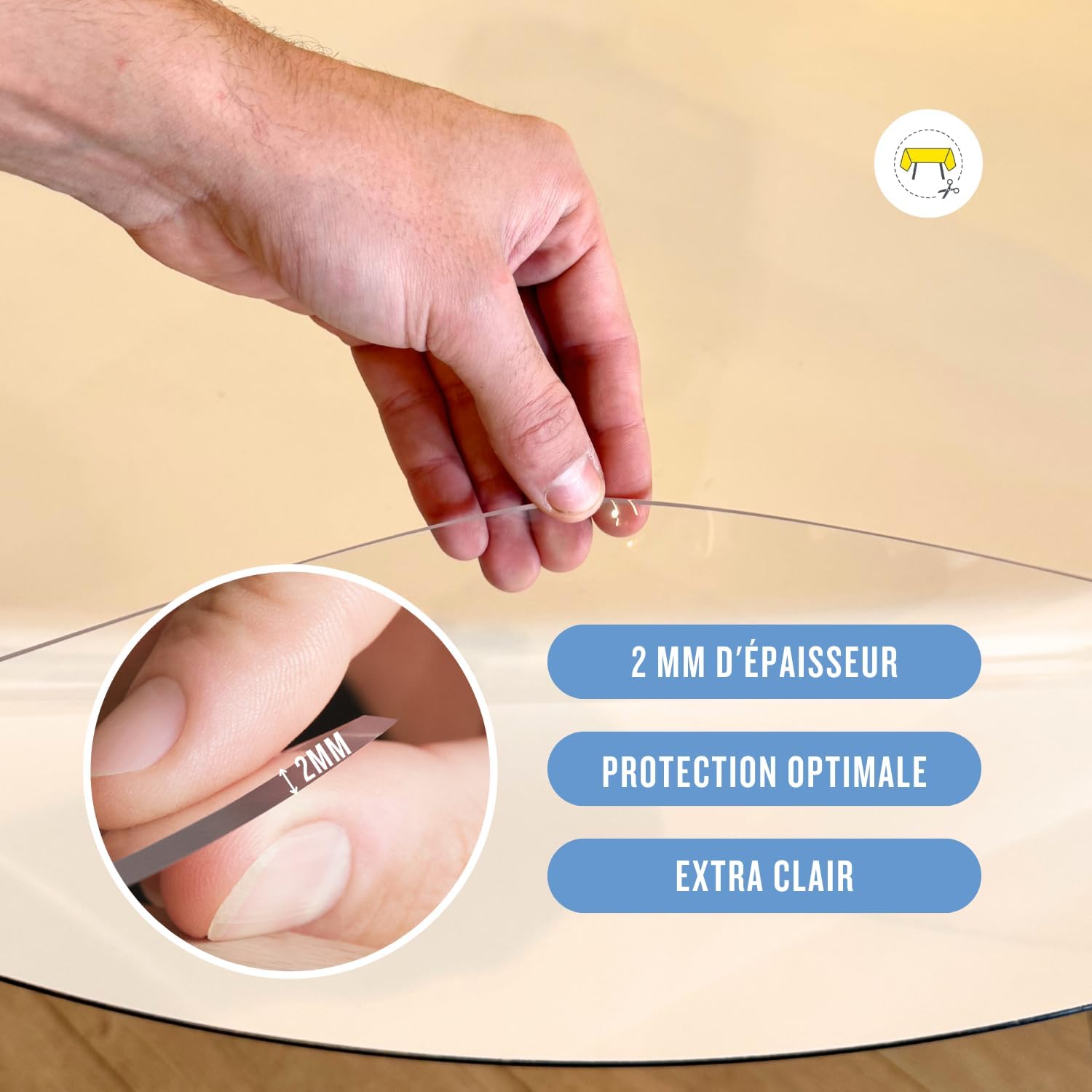 Nappe transparente ronde - 130 cm Ø, 2mm, anti-tache, lavable