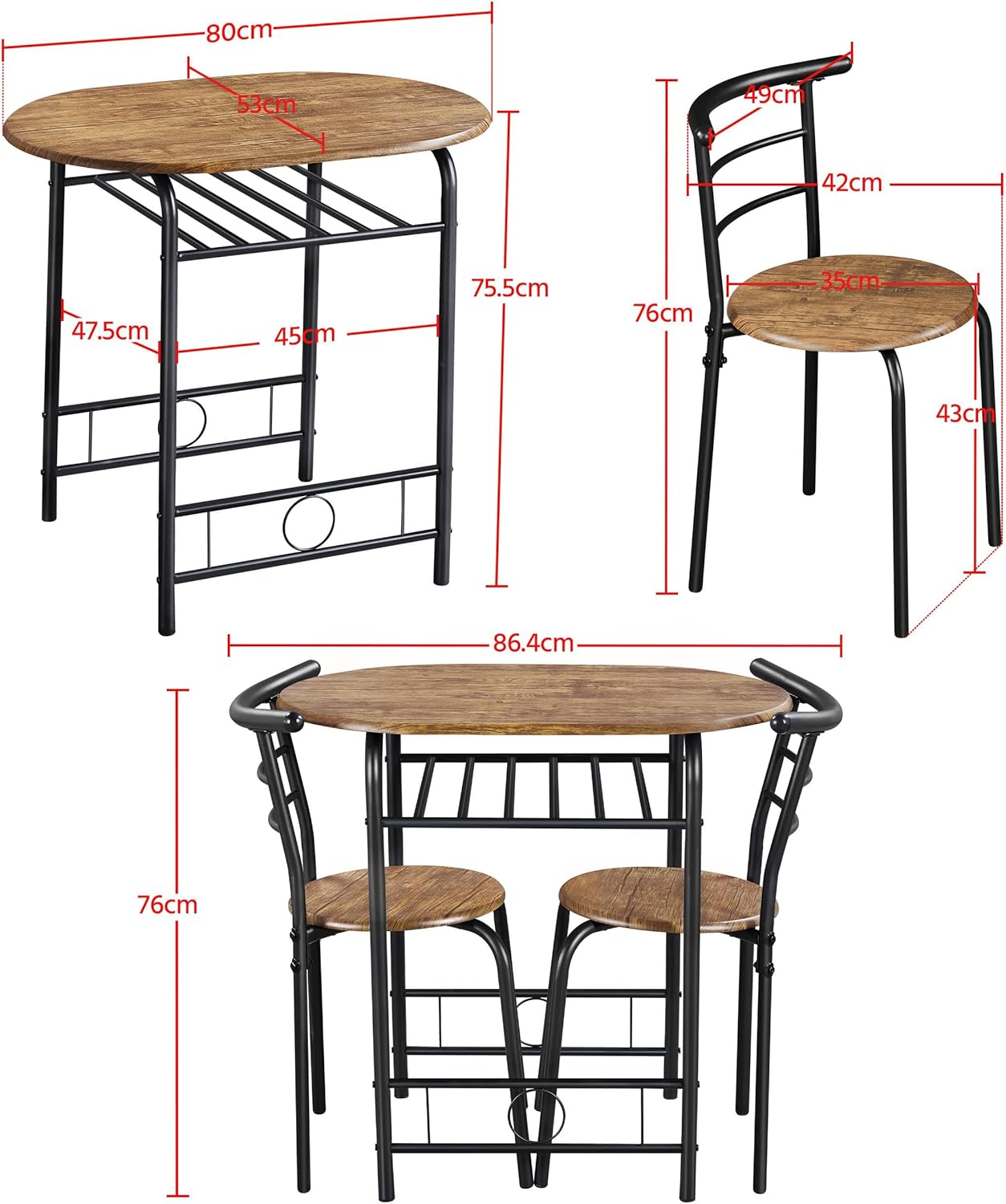 Yaheetech - Ensemble table ronde 3 pièces petit espace, porte-bouteilles, bois, 2 chaises, dimensions compactes