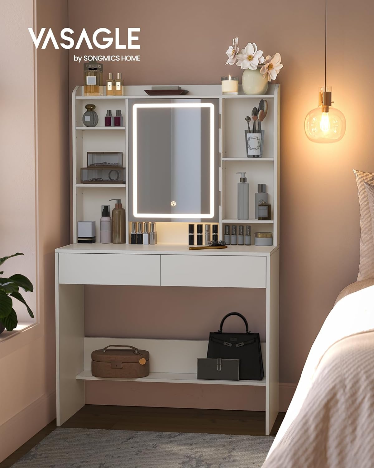 VASAGLE - Kailyn Collection - grande coiffeuse blanche, miroir LED, 2 tiroirs, étagère réglable, RDT123WB01