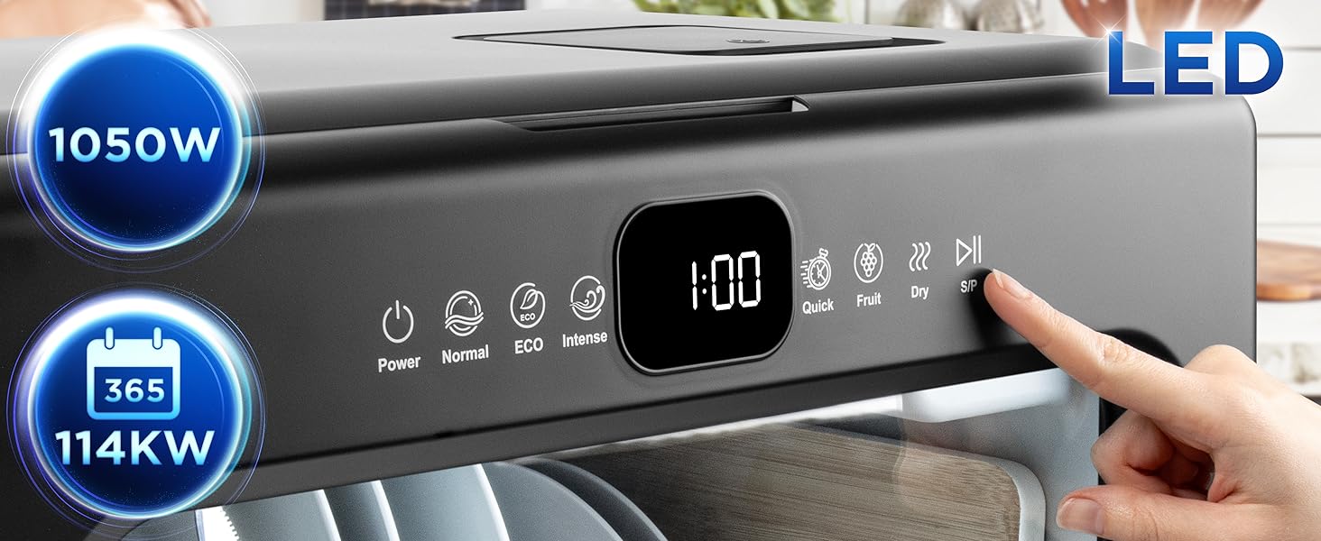 Le texte indique « LED », « 1050 W », « 114 KW ». Interface du panneau de commande avec écran LED indiquant les paramètres d'alimentation et les commandes numériques.