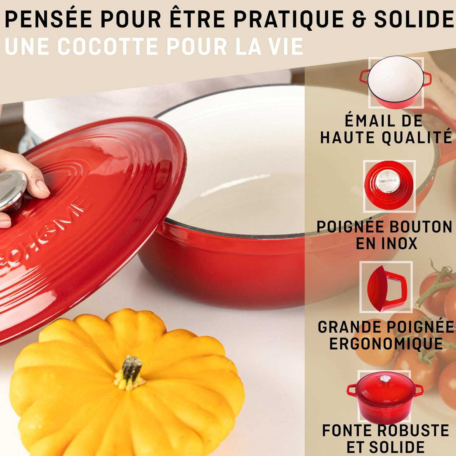 VeoHome - cocotte fonte émaillée 6L ovale - cuisson homogène - compatible induction/gaz/four