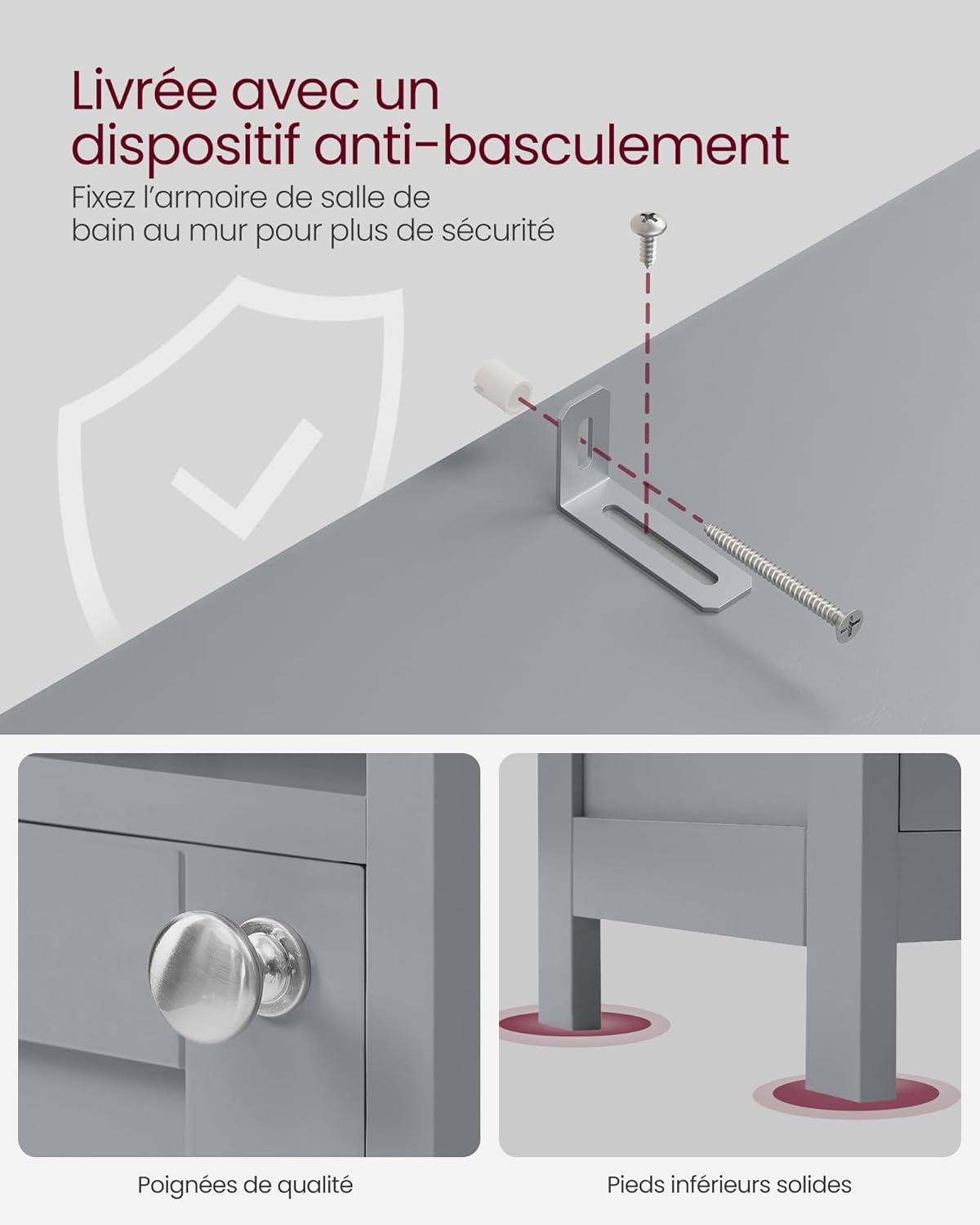 VASAGLE - Armoire haute salle de bain, étagères réglables, éclairage, BBC566G03