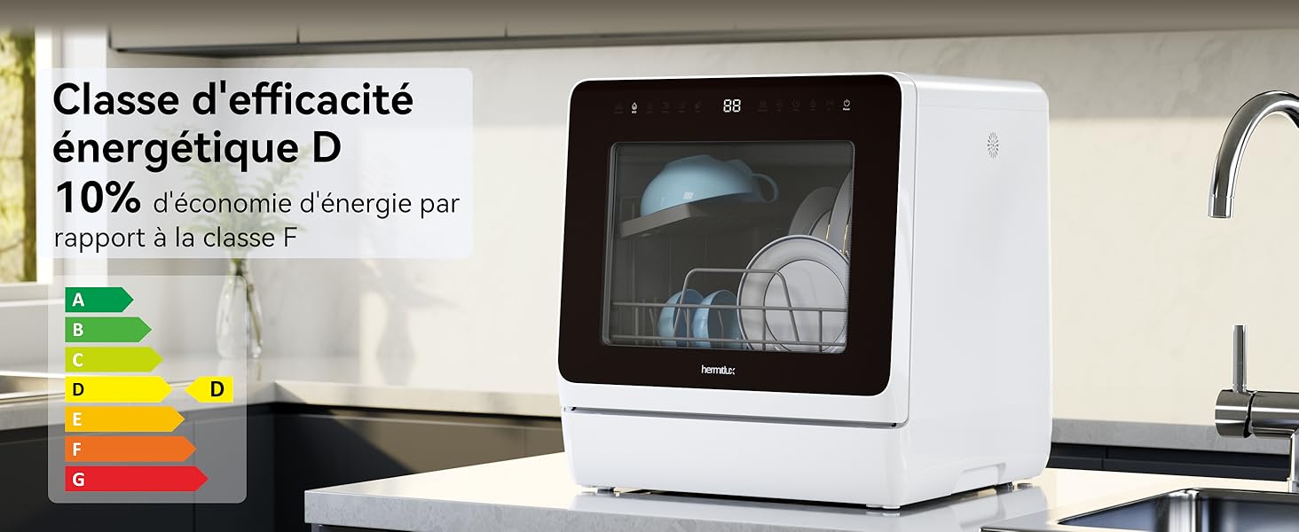 Lave-vaisselle de comptoir compact blanc avec panneau avant transparent, affichant la vaisselle à l'intérieur. L'étiquette d'efficacité énergétique indique une classe D avec 10 % d'économies d'énergie par rapport à la classe F.