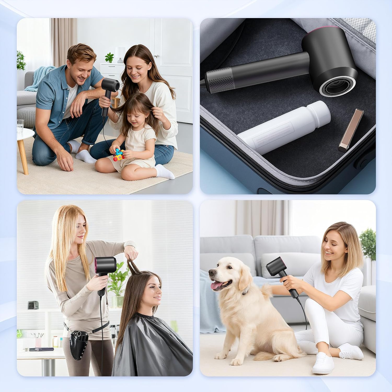 Sèche-cheveux ionique - 4 températures, 3 vitesses, moteur brushless, léger, diffuseur, accessoires magnétiques, 150000 