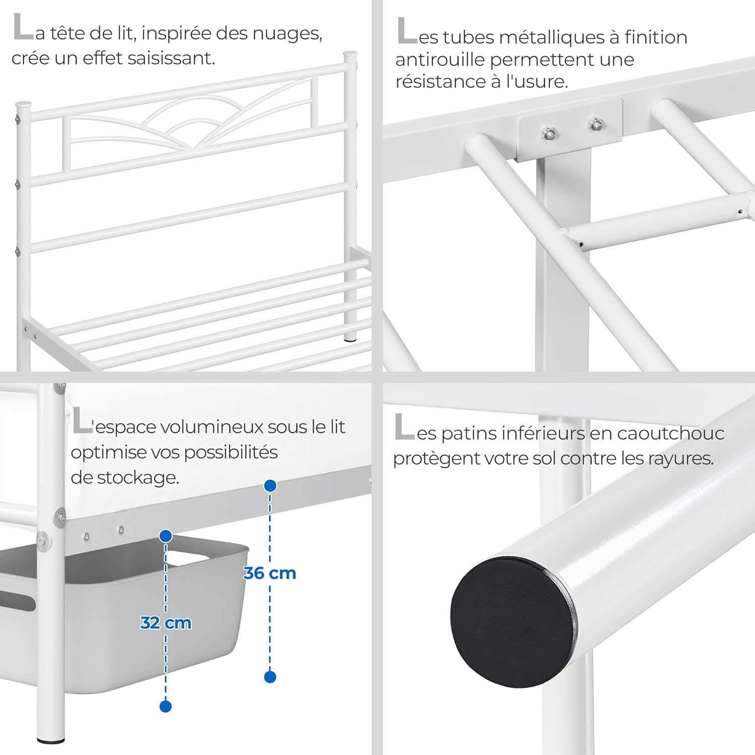 Yaheetech – lit simple métal – 90x200cm – blanc, montage facile