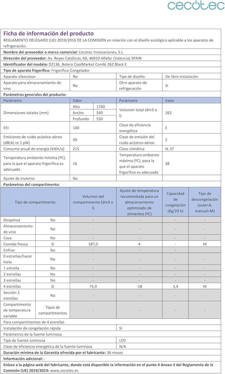 Cecotec - Bolero CoolMarket Combi - 176x54cm - 262L LED Classe E