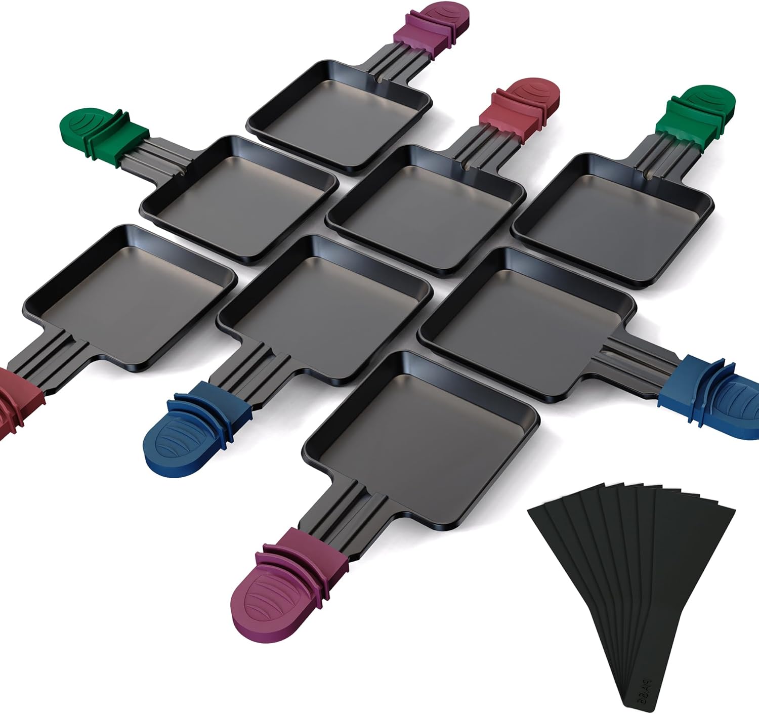 Poêlons à raclette carrés - 8 pcs - antiadhésif, poignées colorées, spatules incluses