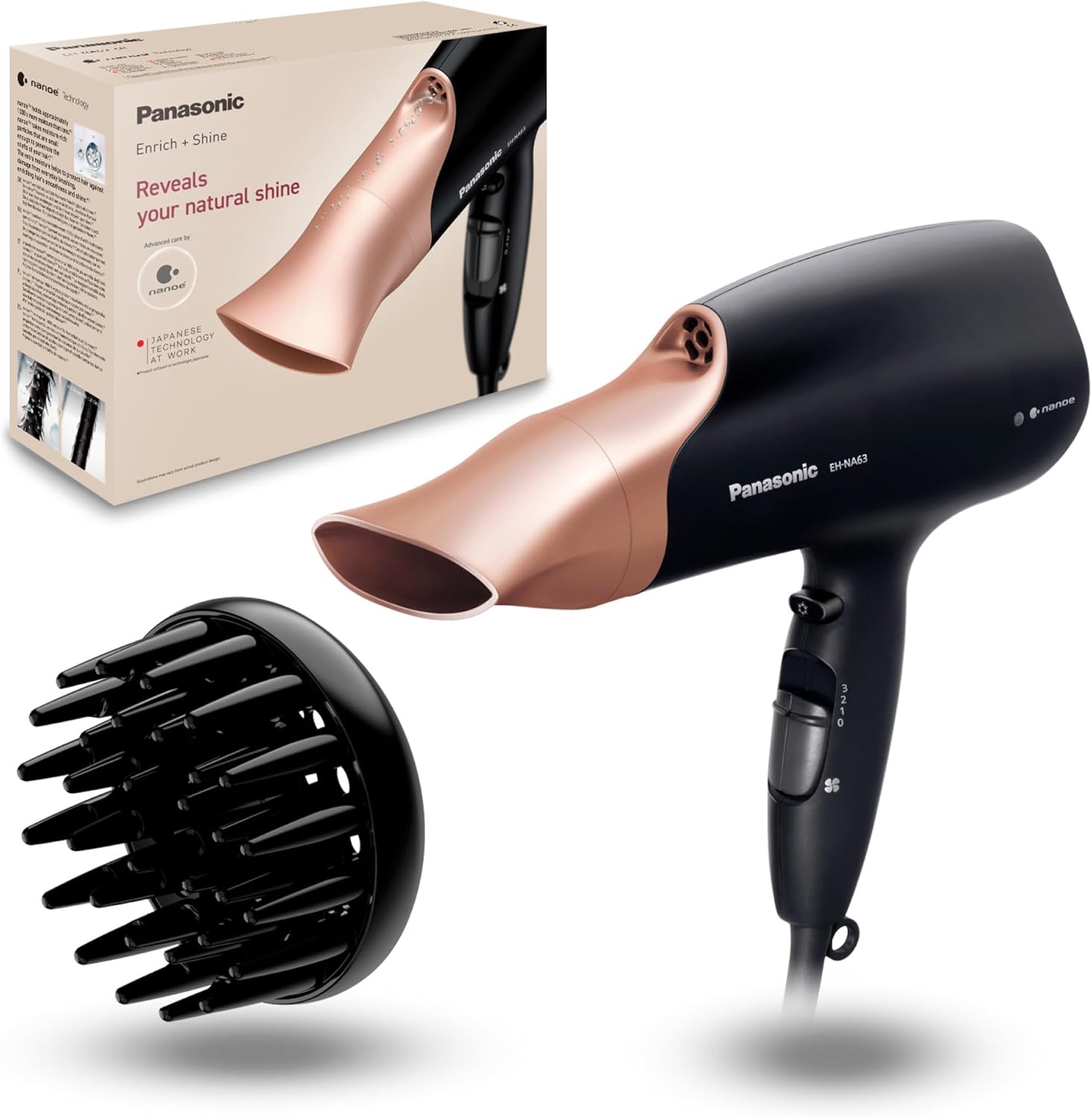 Panasonic - sèche-cheveux Nanoe, 3 vitesses, 4 températures, 2 accessoires, EH-NA63CN825