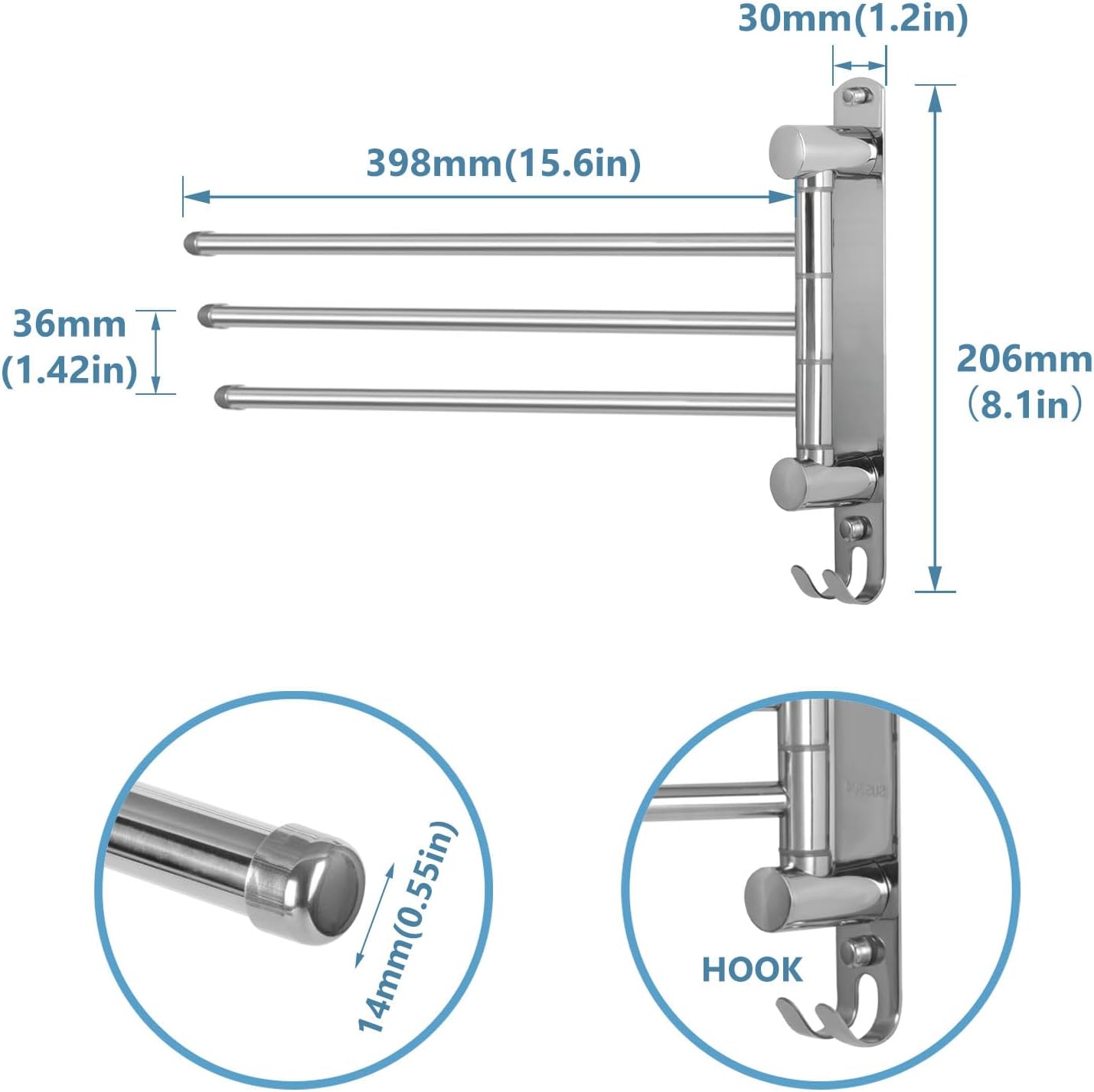 JSVER - Porte-serviettes 3 barres 180° inox 40cm - gain de place