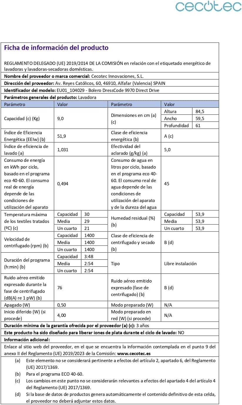 Cecotec - lave-linge série actuelle - dimensions compactes - grande capacité, haute efficacité