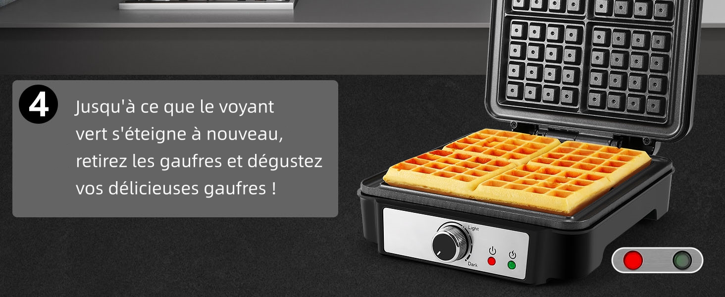 avec boîtier en acier inoxydable, commandes de température et surface de cuisson antiadhésive texturée affichant un motif de gaufres fraîches