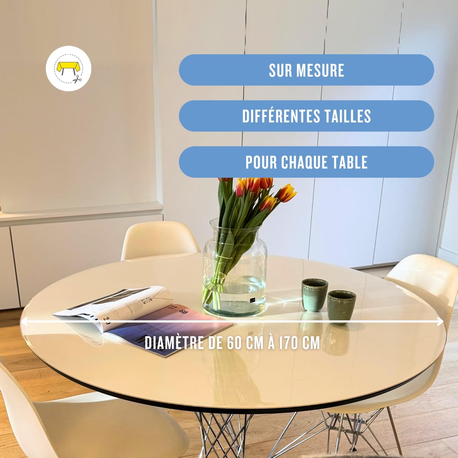 Nappe transparente ronde - 130 cm Ø, 2mm, anti-tache, lavable