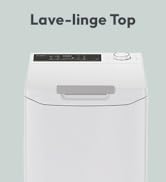 Le texte indique « Lave-linge Top ». Appareil blanc à chargement par le haut représenté sous différents angles sur un fond clair.