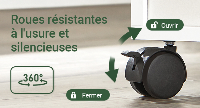 Le texte se lit comme suit : « Roues résistantes silencieuses », « Ouvrir », « Fermer », « 360° ». Montre des roulettes noires dotées de fonctions de rotation et de verrouillage.