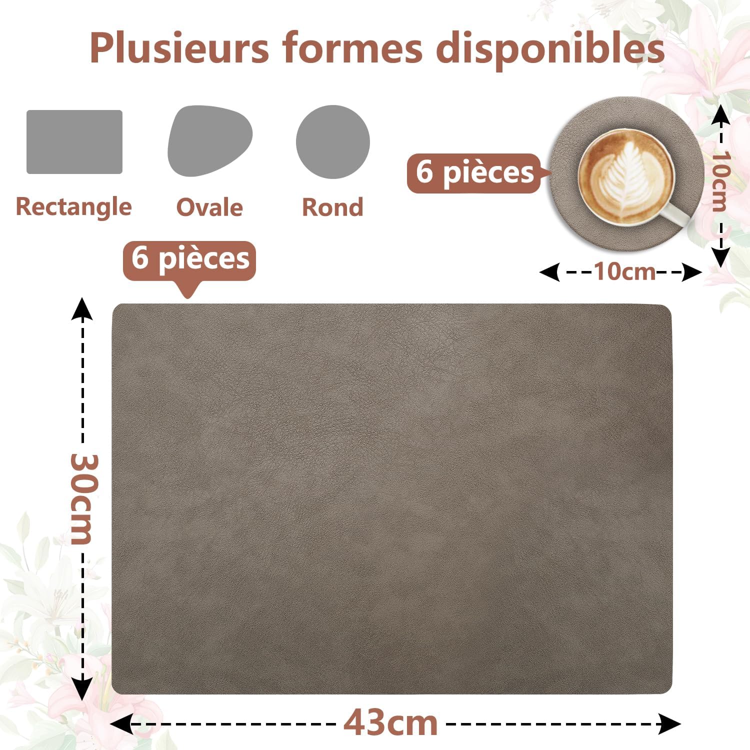 Set de table - lot de 6, cuir PU double face, 43x30cm, lavable, antidérapant