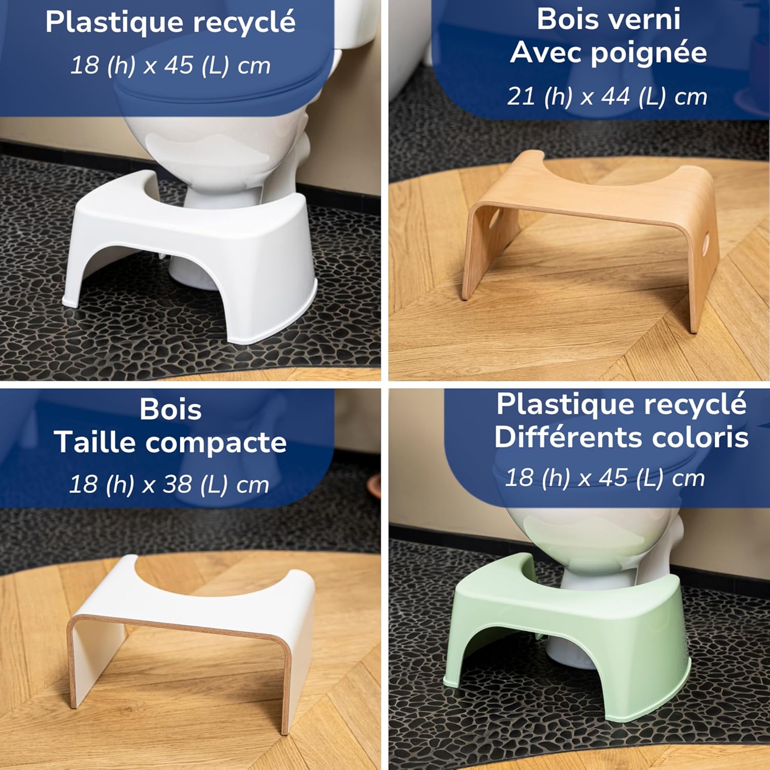 Tabouret de toilette - Gris, plastique recyclé, Fabriqué en France - Compact, position physiologique anti-constipation