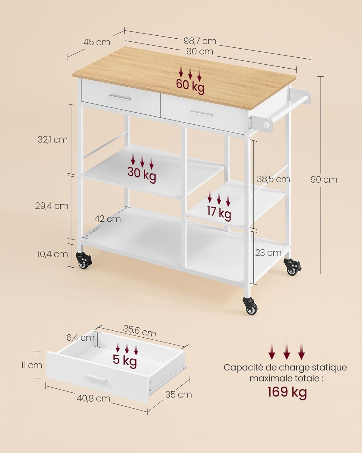 VASAGLE - Îlot cuisine mobile, 98,7x45x90cm, tiroirs, crochets, KKI010Y01