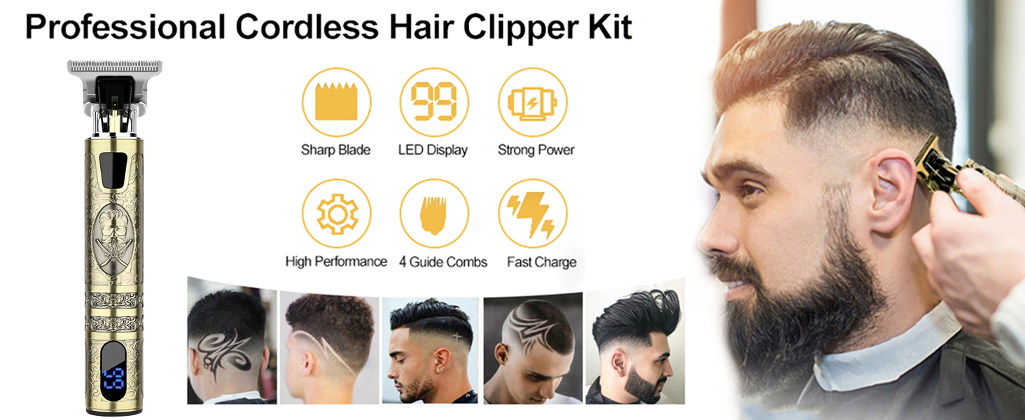 Le texte indique « Kit de tondeuse à cheveux sans fil professionnel » suivi des icônes des produits. Plusieurs vues d'une tondeuse à cheveux argentée avec base de chargement.