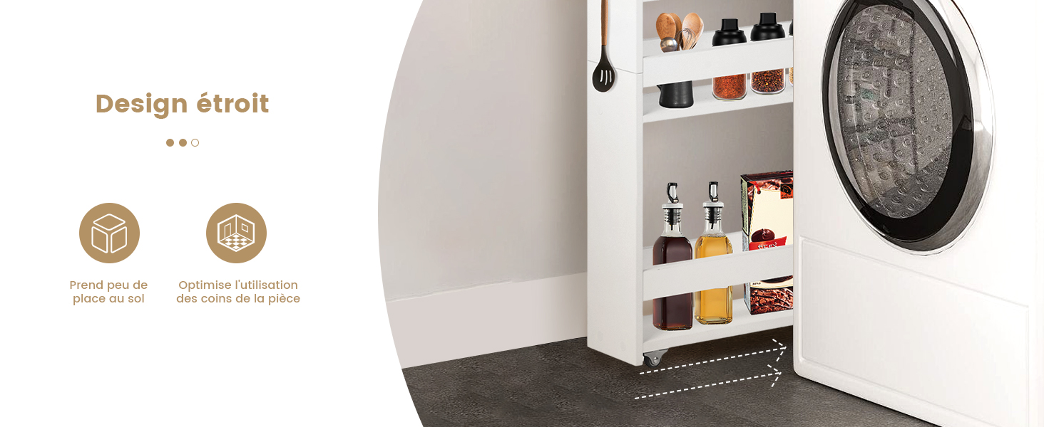 Le texte indique « Design étroit » et « Crise facile du range ». Série d'images présentant des solutions de rangement murales dans des espaces restreints.