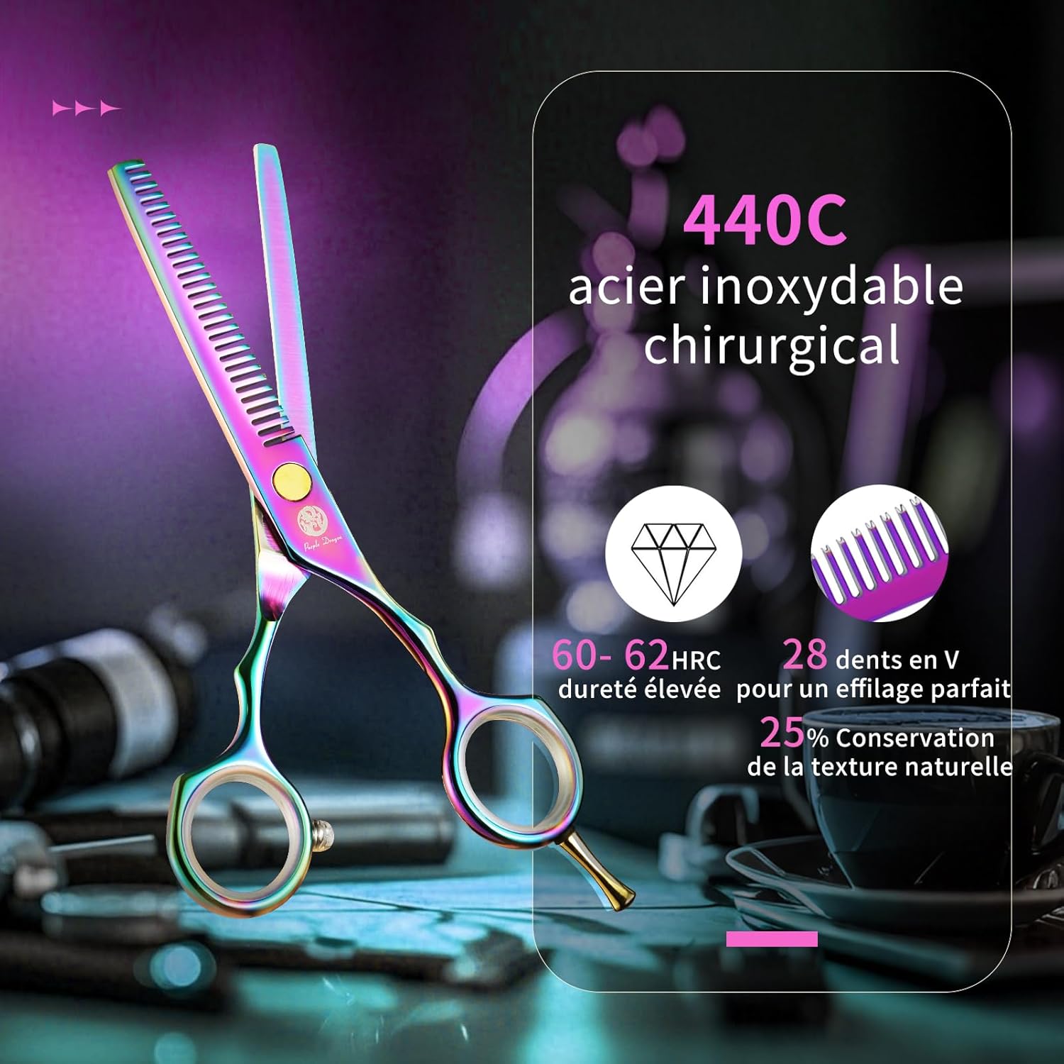 Kit de ciseaux de coiffure - 5,5 pouces - inox rose, peigne, effileur