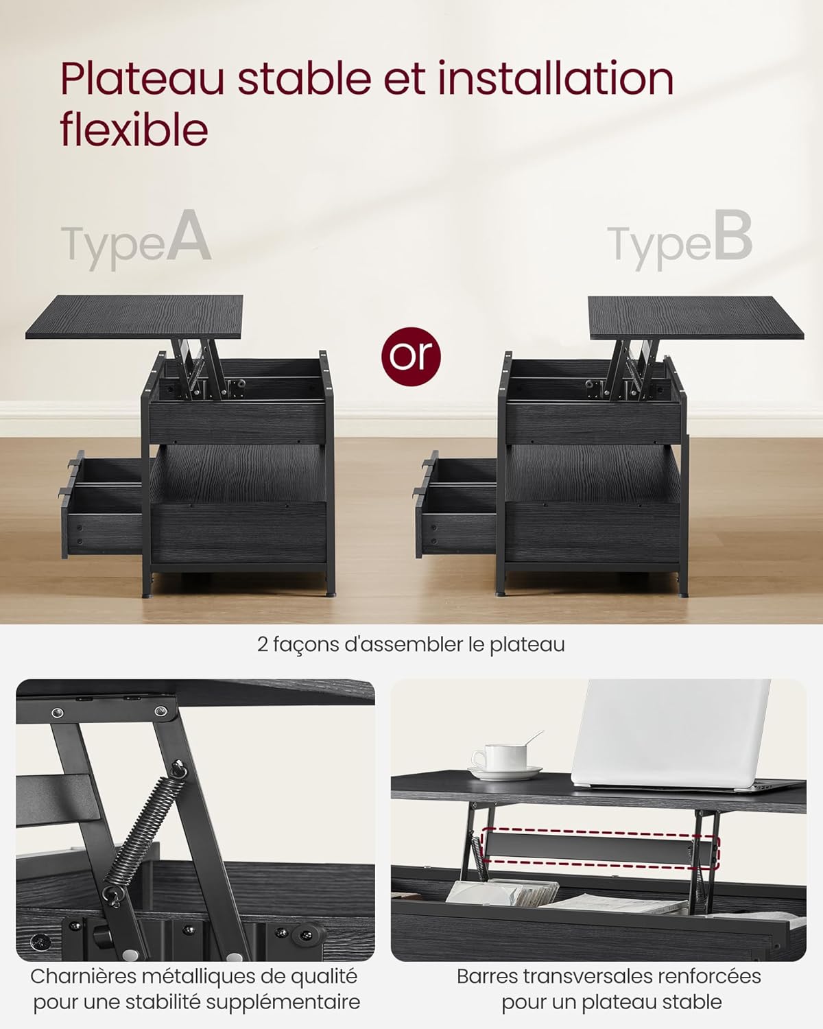 VASAGLE - table basse relevable série LCT209B22, tiroirs et rangement, gris anthracite  LCT209B22