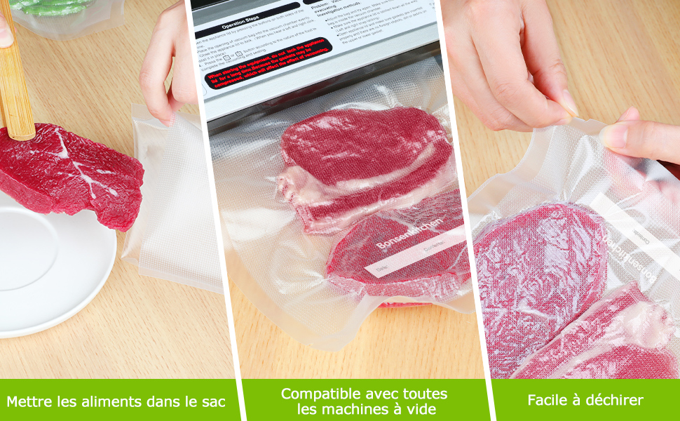 Image pédagogique à trois panneaux montrant le processus de scellage sous vide de la viande crue : placement de la viande dans une assiette, utilisation d'une machine à sceller sous vide et emballage scellé final.