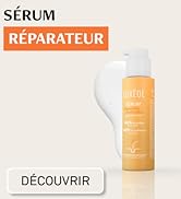 Le texte se lit comme suit : « SÉRUM REPARATEUR DECOUVRIR ». L'image du produit montre un flacon de sérum teinté orange avec un compte-gouttes sur fond beige.