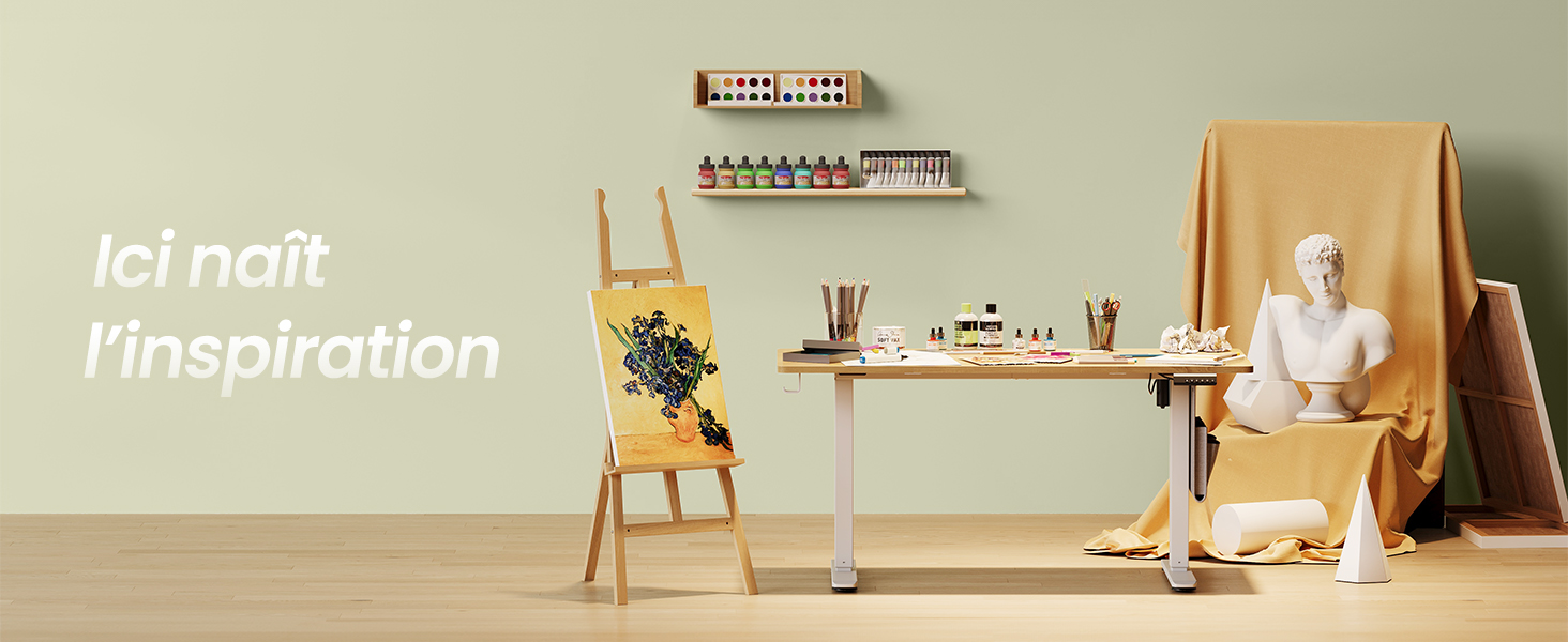 Le texte se lit comme suit : « Ici naît l'inspiration ». Scènes intérieures avec un décor minimaliste, des meubles en bois et des éléments décoratifs dans des tons chauds et neutres.