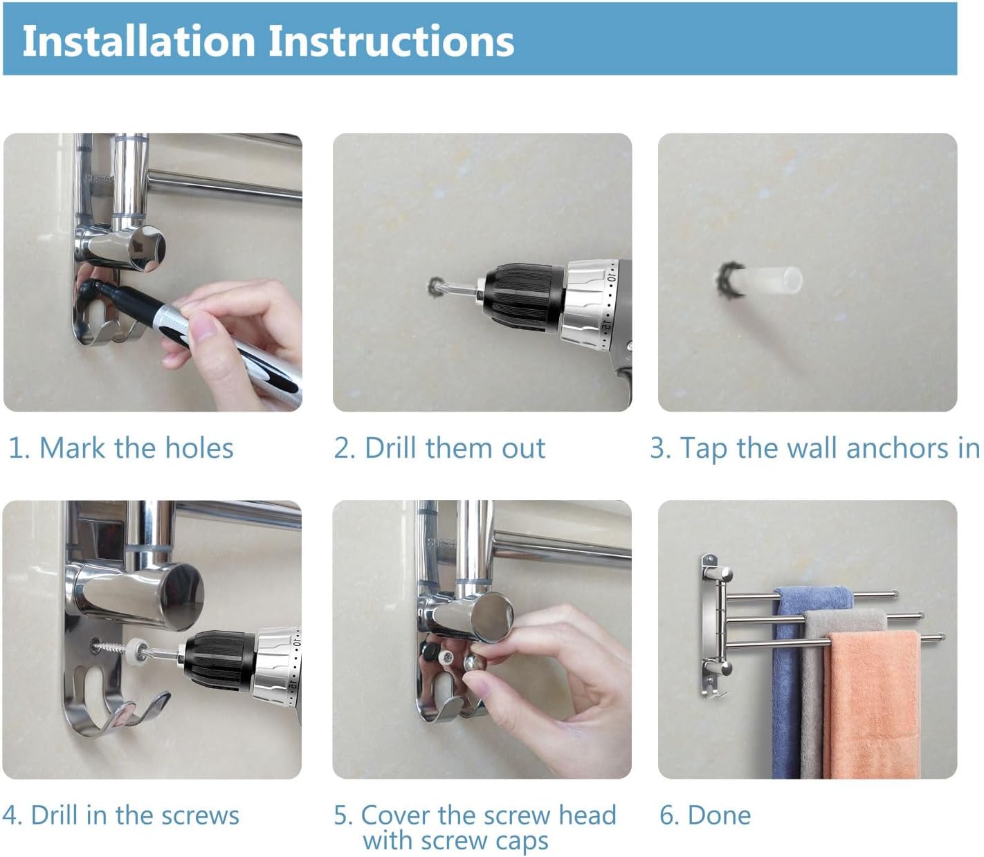 JSVER - Porte-serviettes 3 barres 180° inox 40cm - gain de place