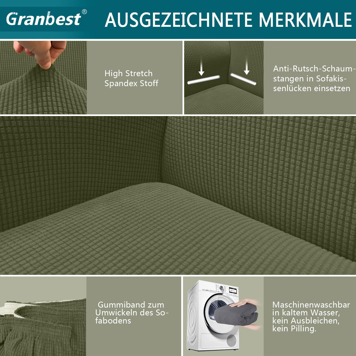 Granbest - housse de canapé jacquard extensible - 2 places - protection animaux, vert militaire