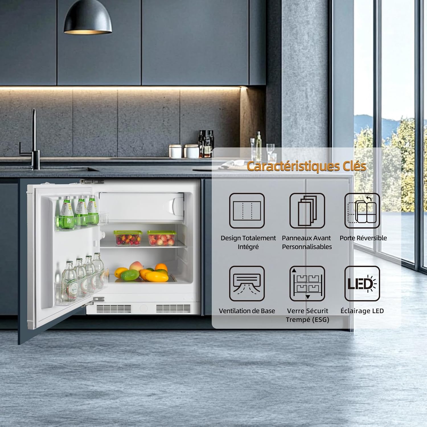 Réfrigérateur congélateur encastrable 82 cm, 96L, charnières réversibles, réglage température