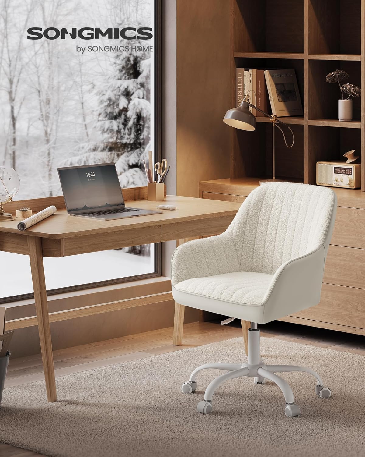 SONGMICS - fauteuil pivotant tissu peluche, hauteur réglable, beige cappuccino, OBG012W01