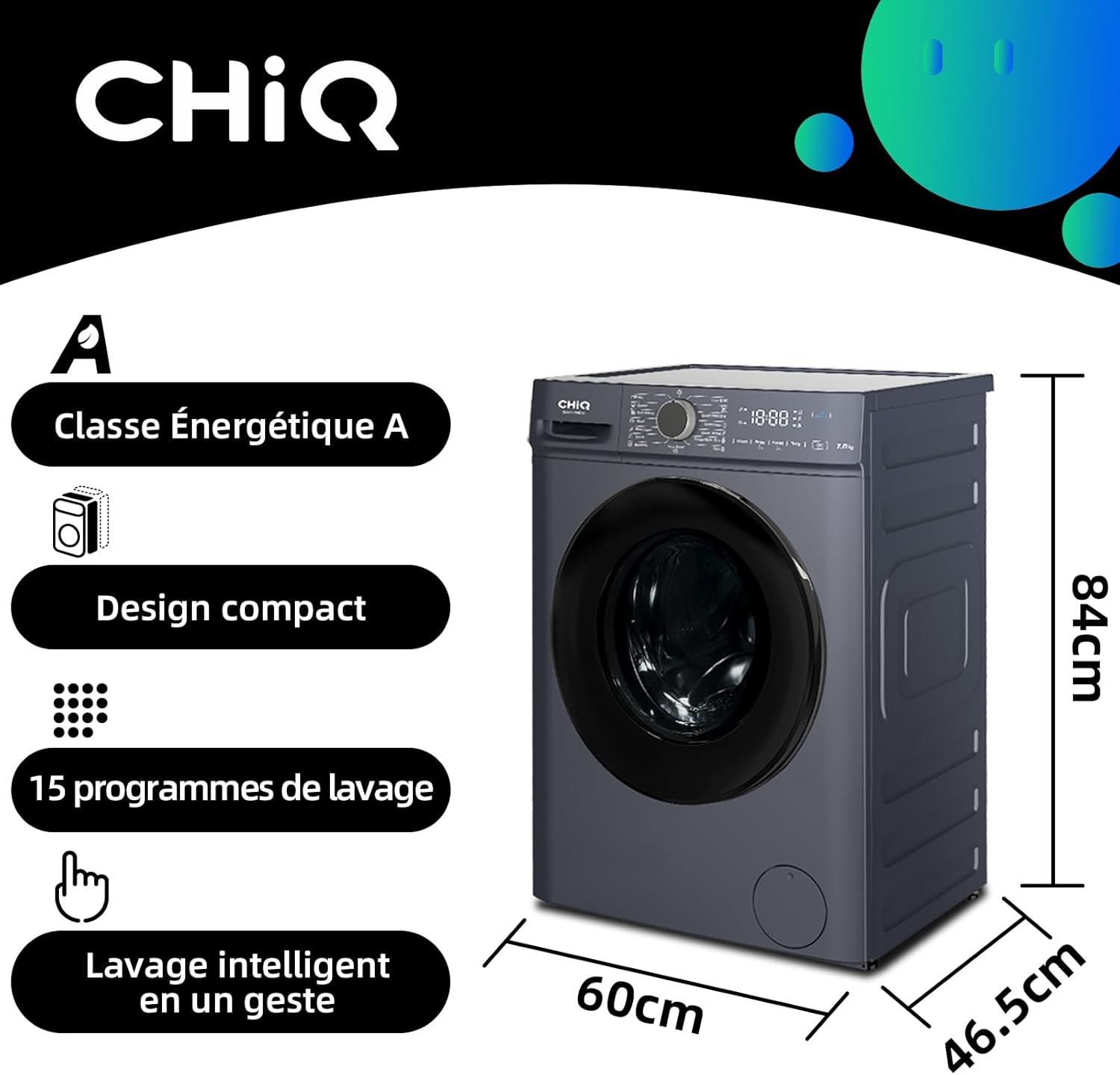 CHiQ - lave-linge compact 7kg, 1200tr/min, vapeur, classe A, CW07123863AX