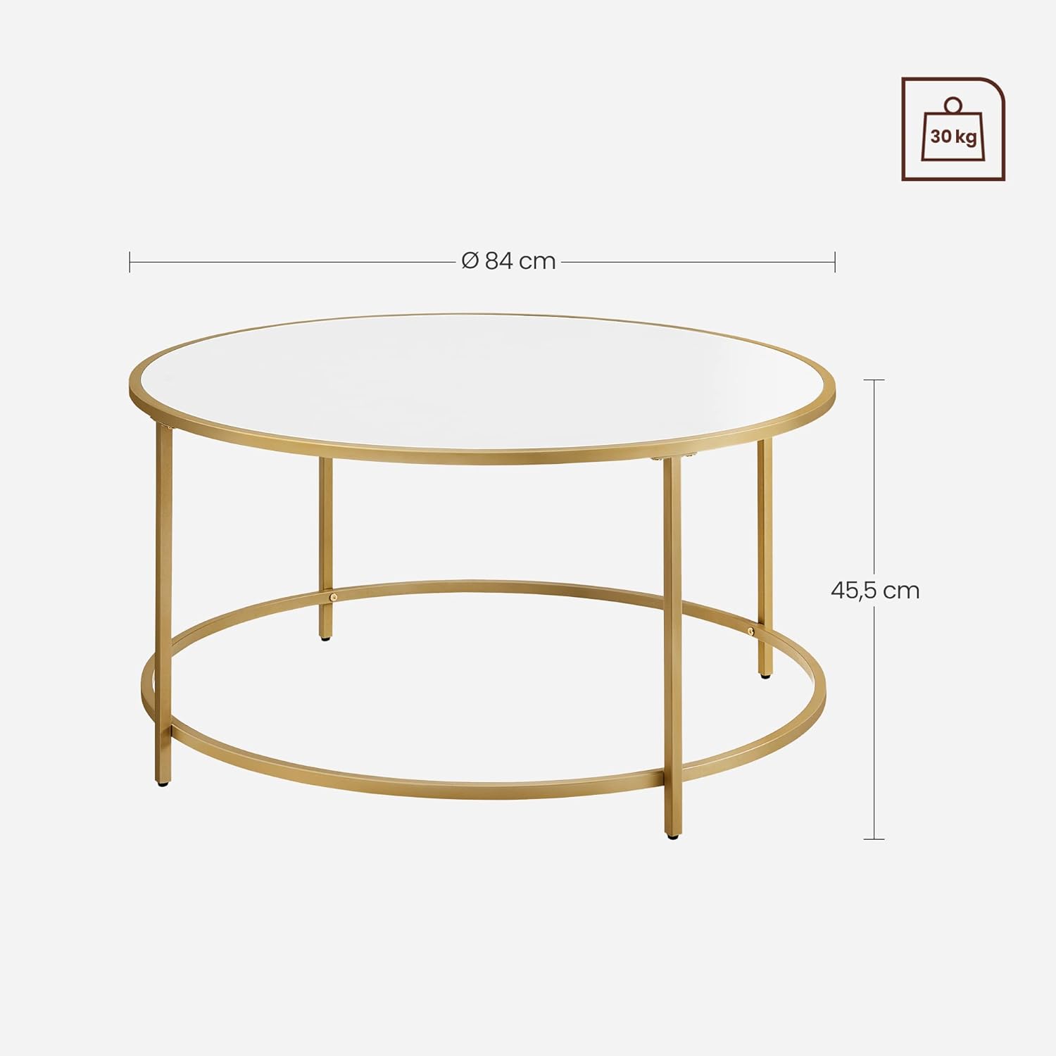 VASAGLE - Table basse ronde verre et acier, doré blanc, LCT091A10
