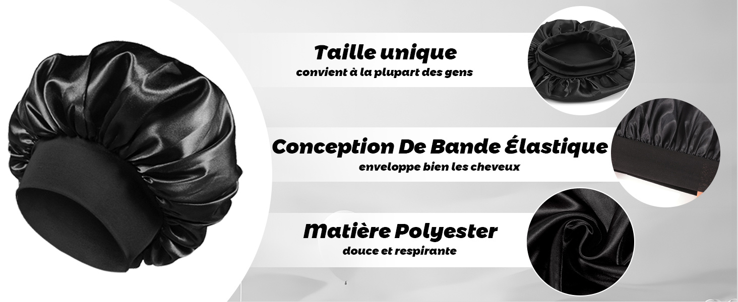 Le texte indique « Taille unique », « Conception De Bande Élastique », « Matière Polyester ». Trois composants d'équipement de protection noirs illustrés avec les spécifications du produit français.
