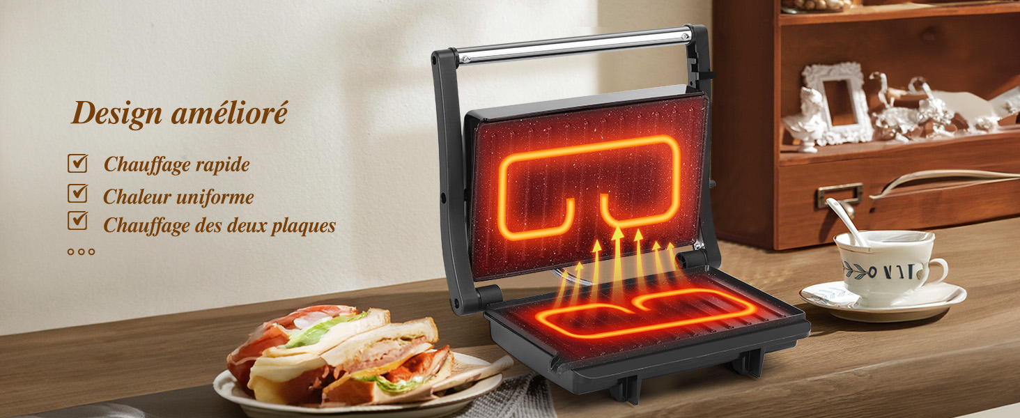 Presse à sandwich ou grill électrique avec éléments chauffants rouges brillants, illustrés avec des sandwichs préparés. Comprend un texte sur le chauffage rapide et uniforme.