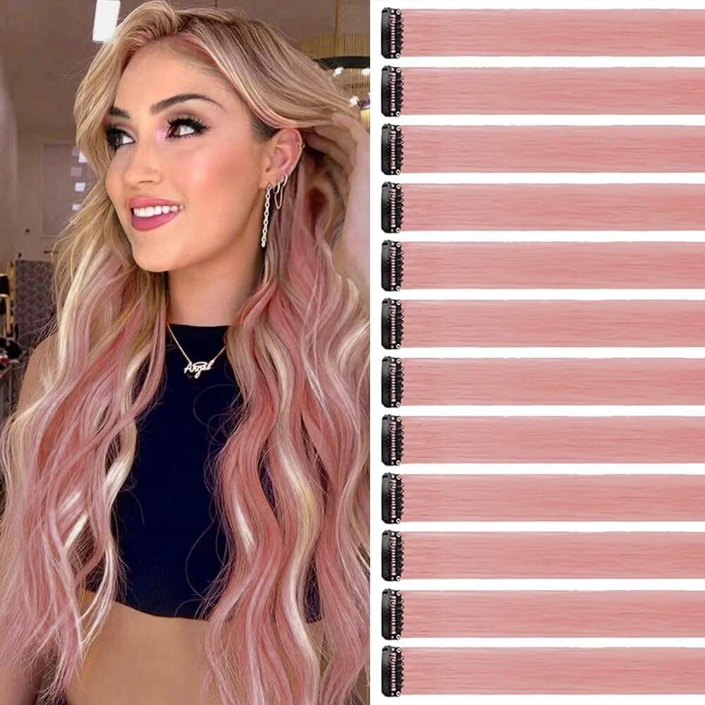 Extensions cheveux princesse - 55cm roses - lot de 12 mèches tressables