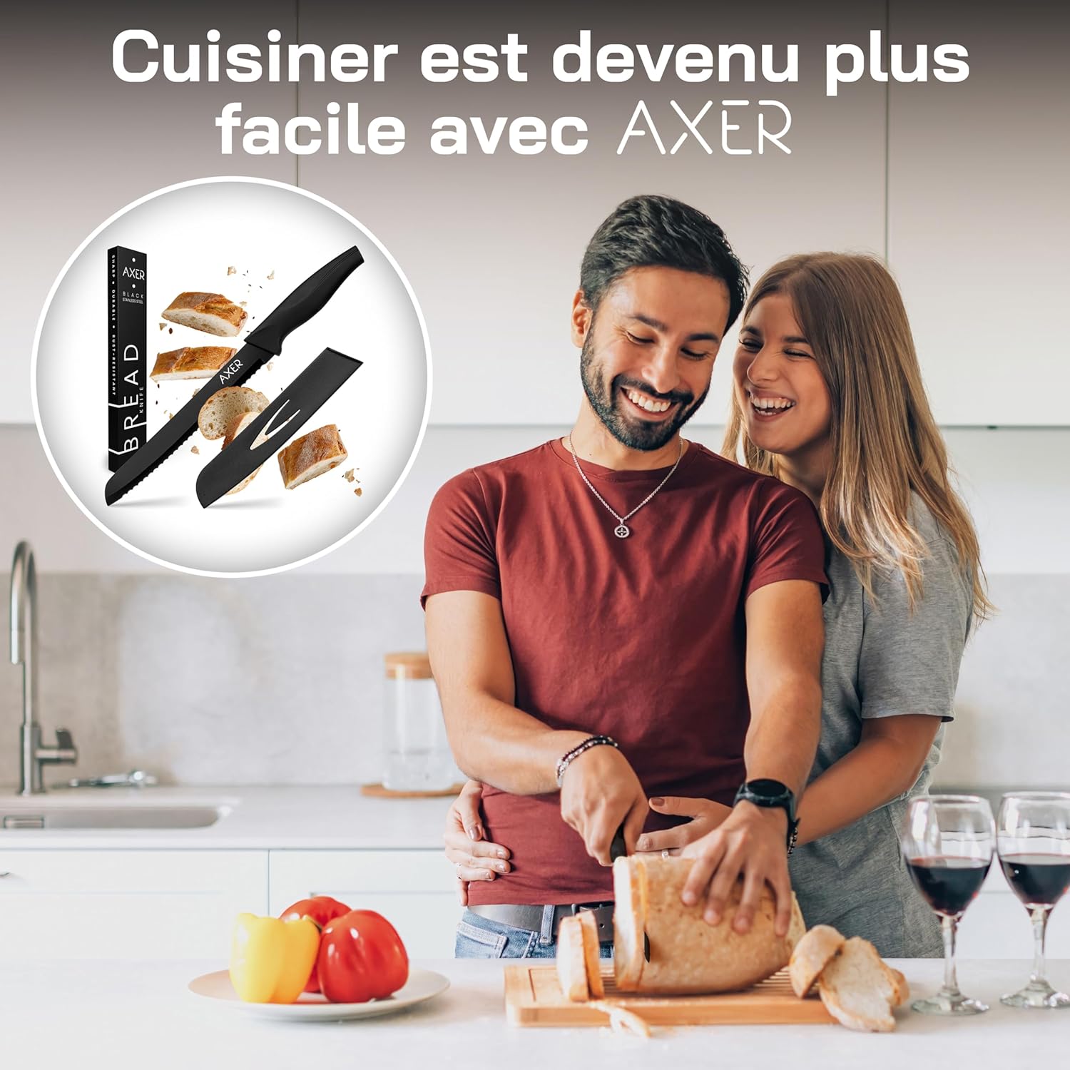 Couteau à pain - lame noire 20cm - étui inclus, livré en boîte