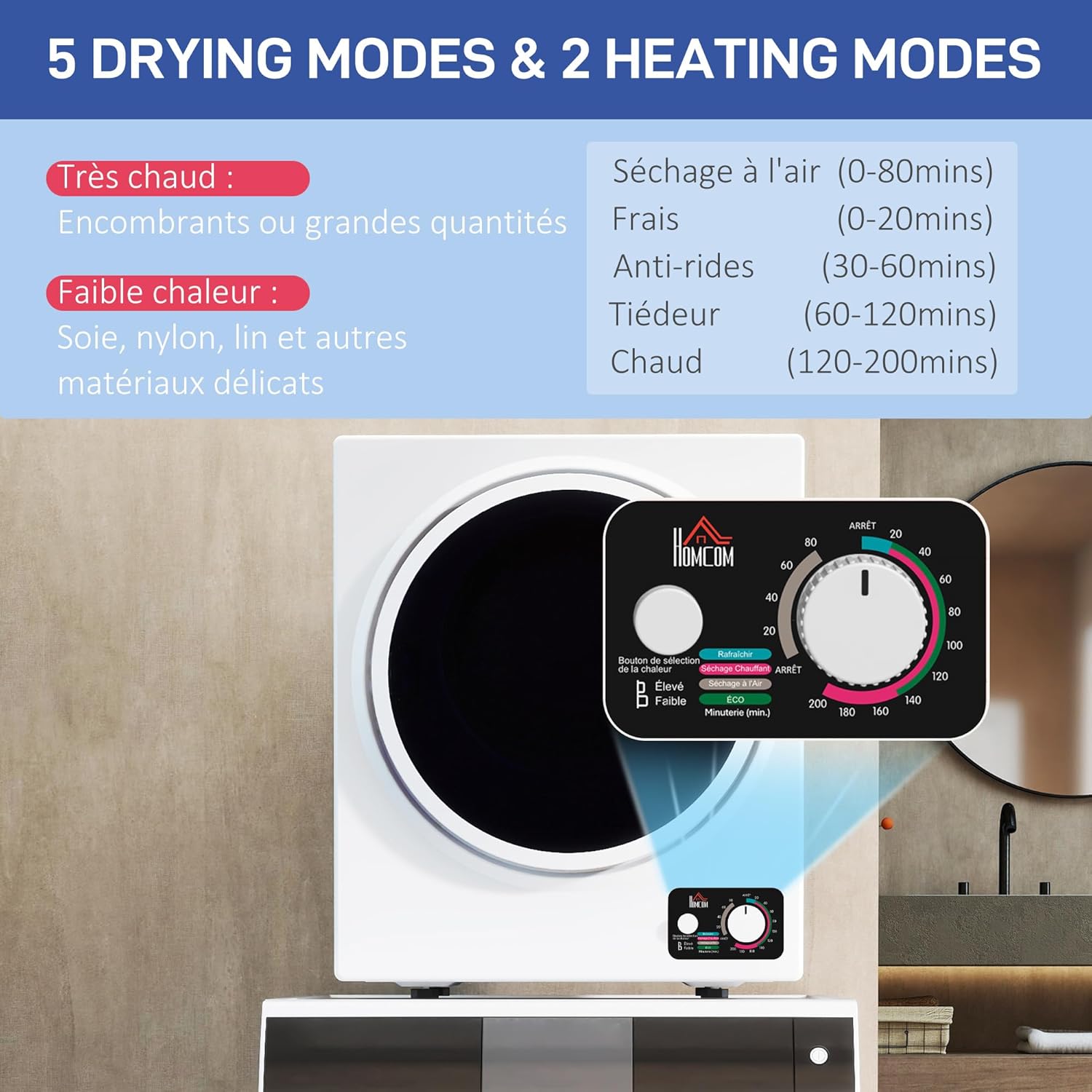 HOMCOM - sèche-linge portable 2,5kg - 850W, 4 modes, mural