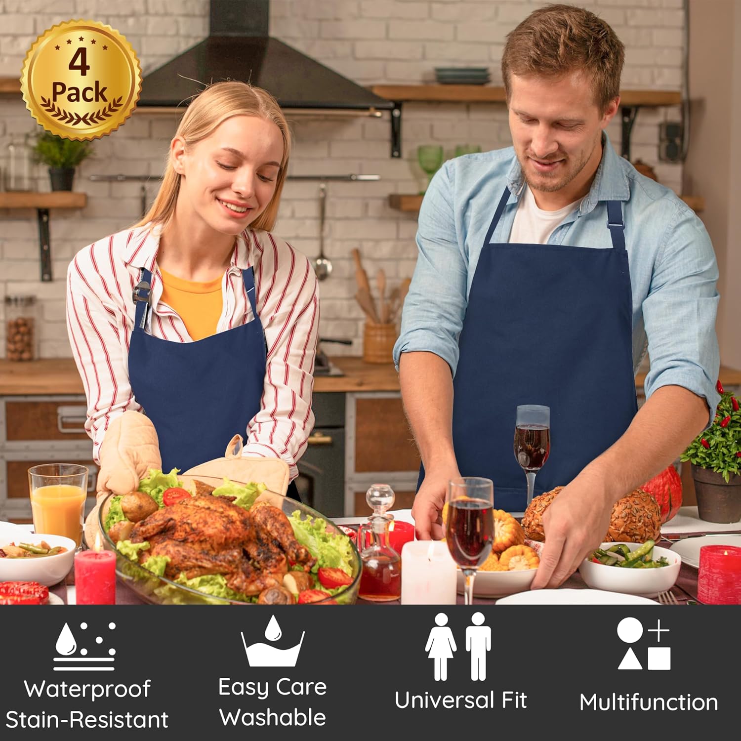 atopo - tabliers cuisine 4 pcs - réglables, 2 poches, étanches